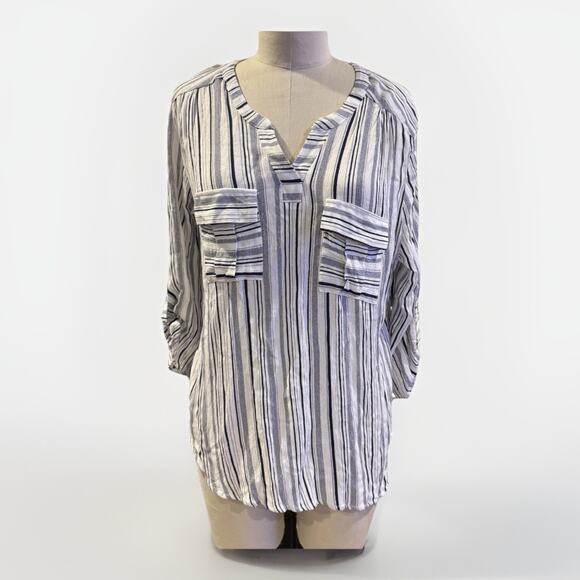 Faith And Joy Rayon Roll Tab Sleeve Striped Light Shirt Fits Like Large (xl Tag) - Picture 1 of 7